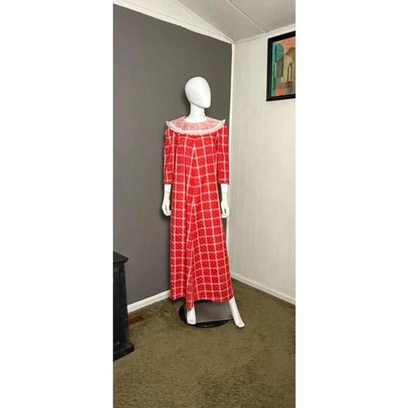 Dresses & Skirts - Vintage 1970's Red Plaid Maxi Dress Swiss Dot Chiffon Collar Betty Higgins